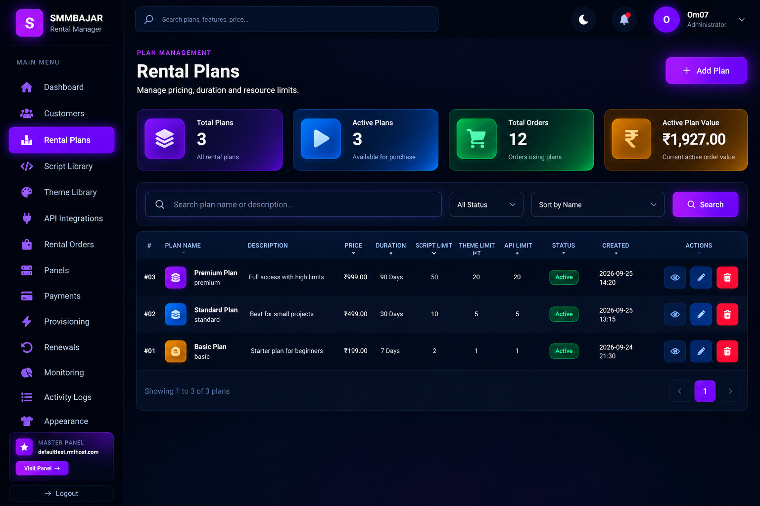 Illustrative SMM rental plans management screen